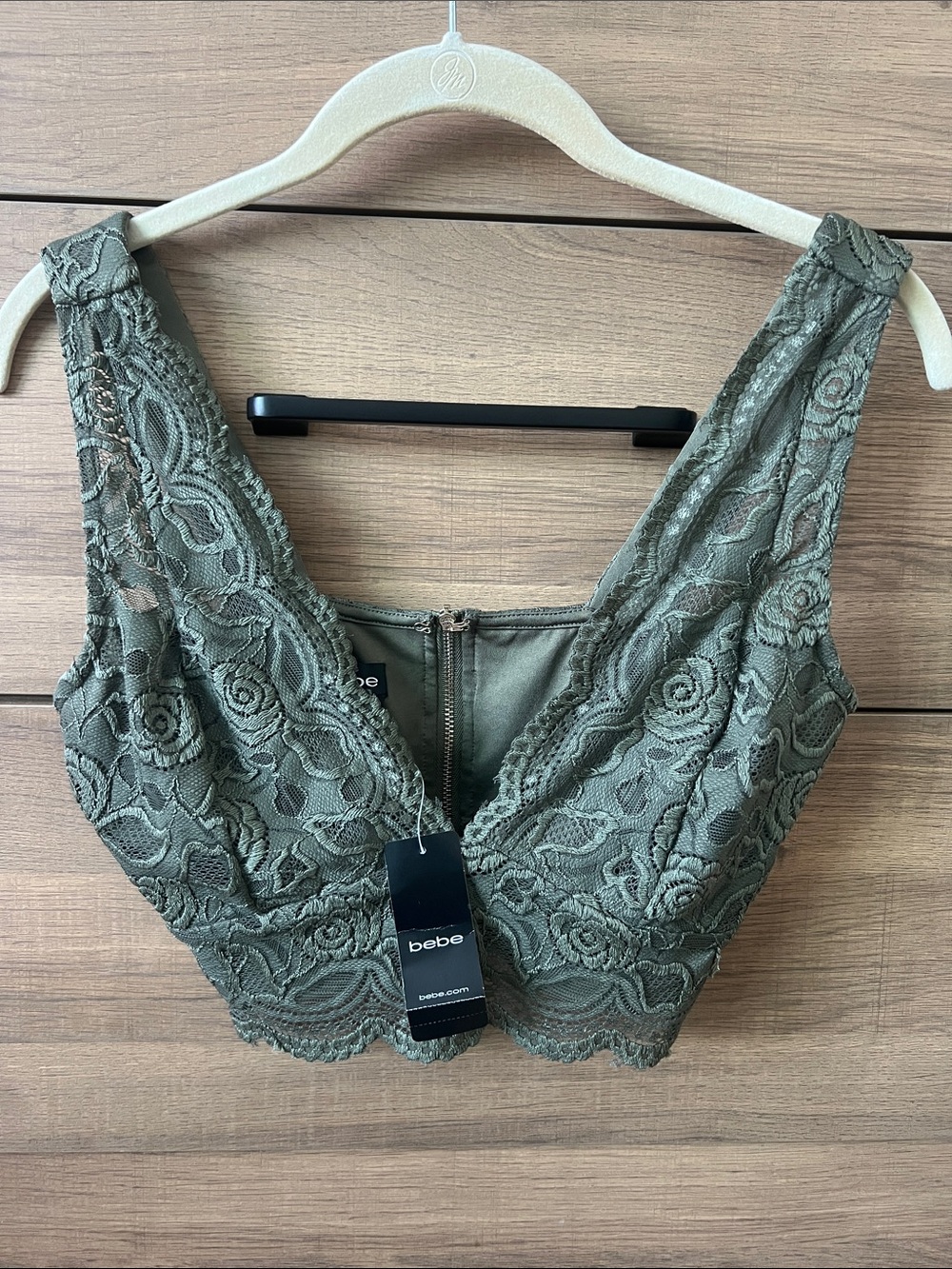 bebe olive lace crop top